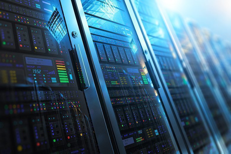 Server room interior in datacenter Modern web network and internet telecommunication technology, big data storage and cloud computing computer service business concept: 3D render illustration of the macro view of server room interior in datacenter with selective focus effect