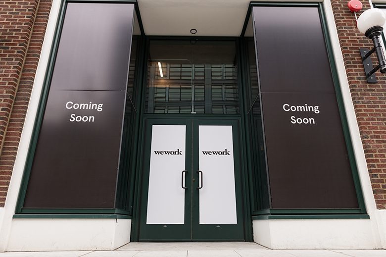 WeWork Seattle, USA - Oct 7, 2019: The coming soon WeWork space on Capitol Hill late in the day. The unopened offices face an uncertain future after the recent IPO issues.